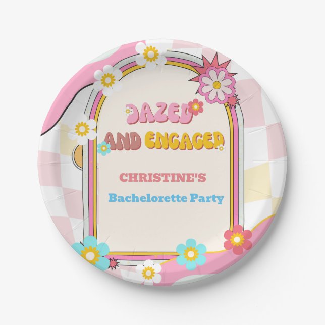 Dazed And Engaged Bachelorette Party Decor 70'S  Paper Plate (Front)
