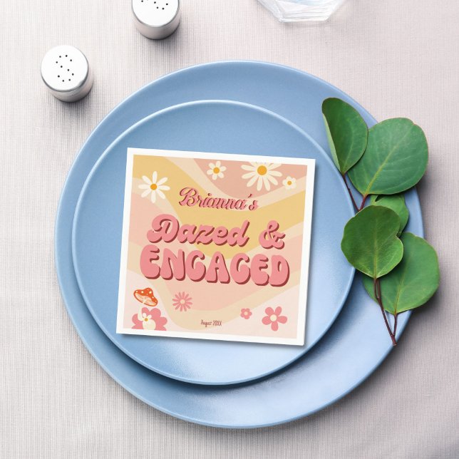 Dazed and engaged groovy retro daisy bachelorette napkin (Dazed and engaged groovy retro daisy bachelorette party printed napkins personalized table decor)