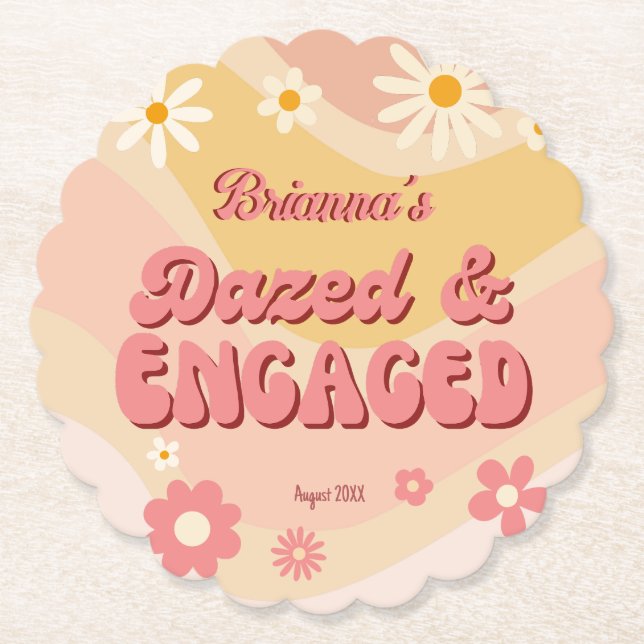 Dazed and engaged groovy retro daisy bachelorette paper coaster (Front)
