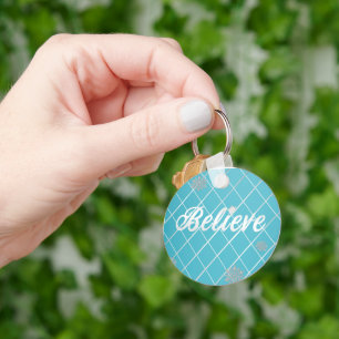 Dazzling Believe Light Blue and Silver Chequered Key Ring