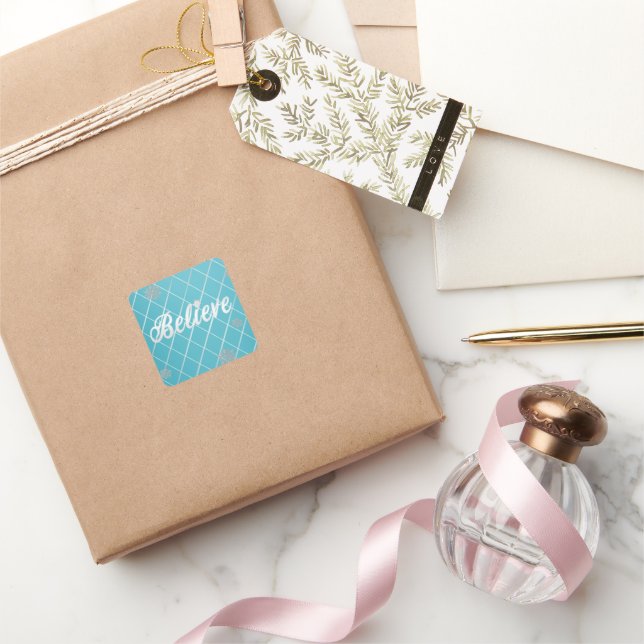 Dazzling Believe Light Blue and Silver Chequered  Square Sticker (Gifting)