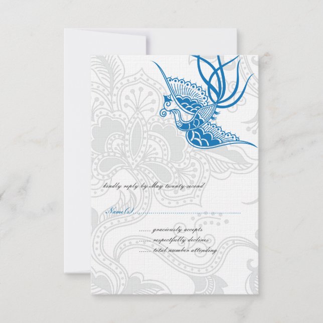 Dazzling Blue Bird & Floral Wedding RSVP Cards (Front)