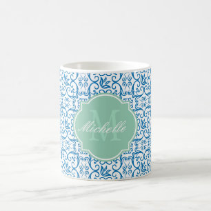 Dazzling Blue Damask Monogram Mug
