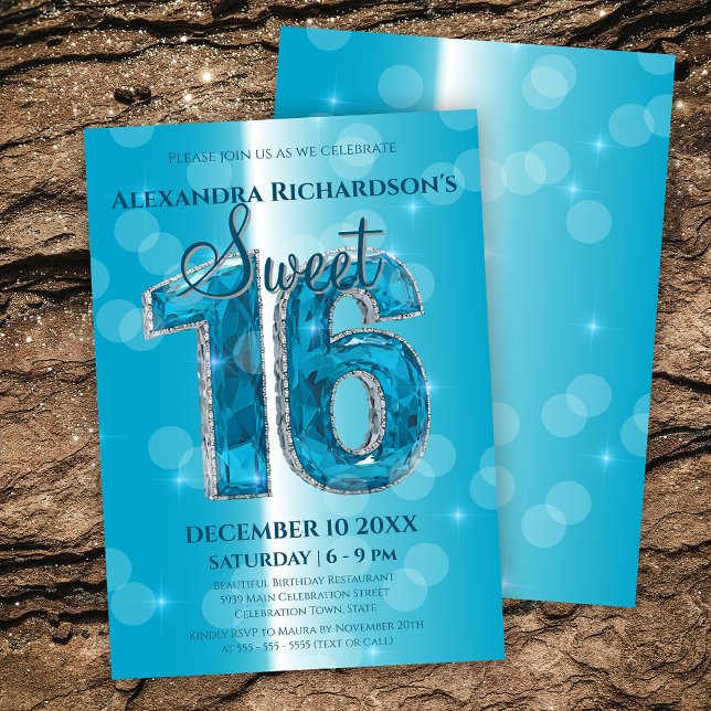 Dazzling Blue Gemstone Sweet 16 Celebration Invitation (Creator Uploaded)