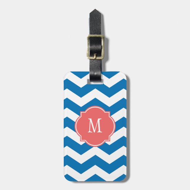Dazzling Blue & White Chevron Monogram Luggage Tag (Front Vertical)