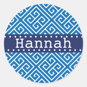 Dazzling Blue White Greek Key Pattern Blue Name Classic Round Sticker