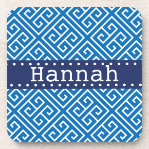 Dazzling Blue White Greek Key Pattern Blue Name Coaster
