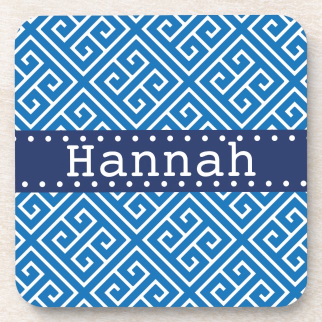 Dazzling Blue White Greek Key Pattern Blue Name Coaster (Front)