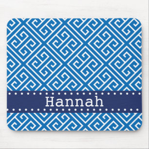 Dazzling Blue White Greek Key Pattern Blue Name Mouse Mat