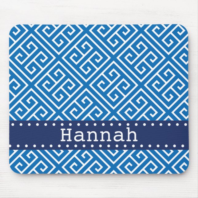 Dazzling Blue White Greek Key Pattern Blue Name Mouse Mat (Front)