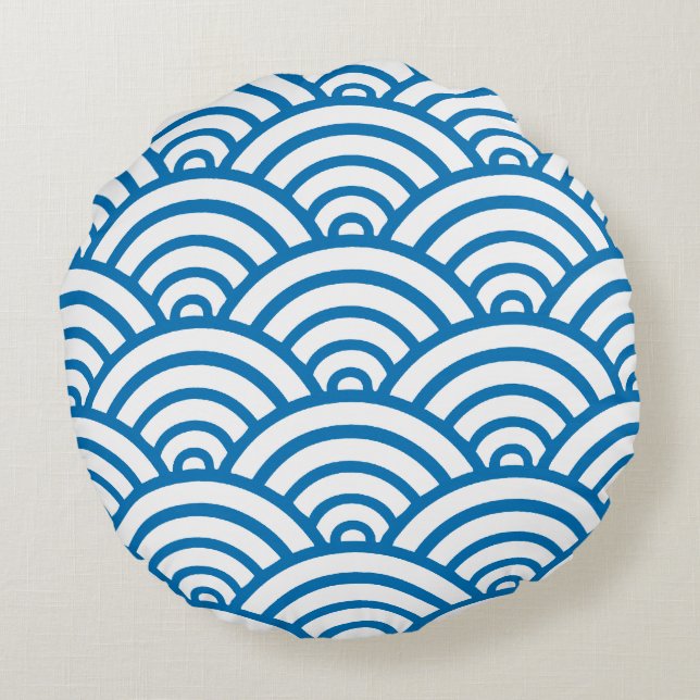 Dazzling Blue & White Scallop Pattern Round Pillow (Back)