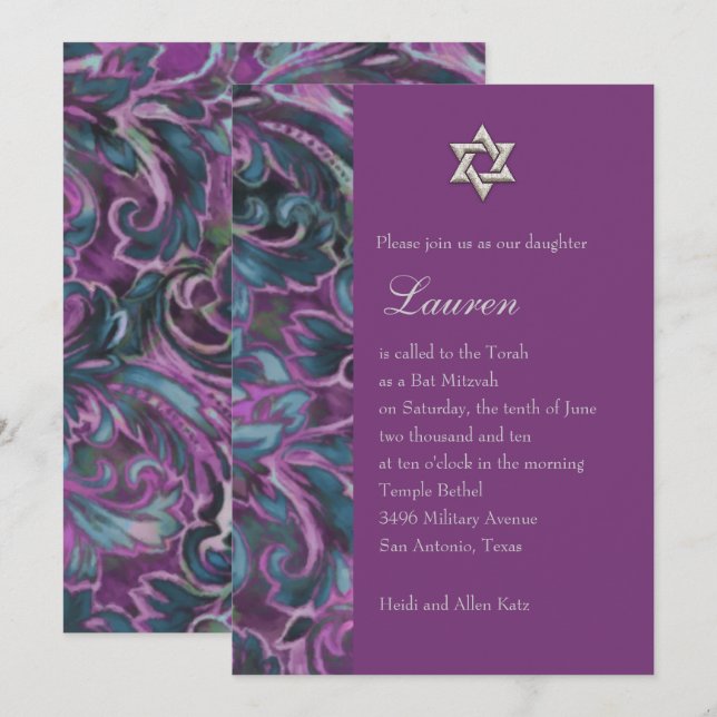 Dazzling Damask Purple and Teal Invitation (Front/Back)