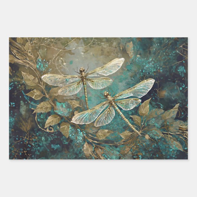 Dazzling Dancing Dragonflies, Gossamer Wings Wrapping Paper Sheet (Front)