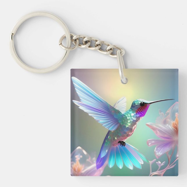 Dazzling Fusion: Rainbow Glass Hummingbird,  Key Ring (Front)
