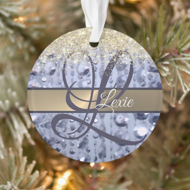 Dazzling Glittery Blue Beads Monogram            Ornament (Tree)