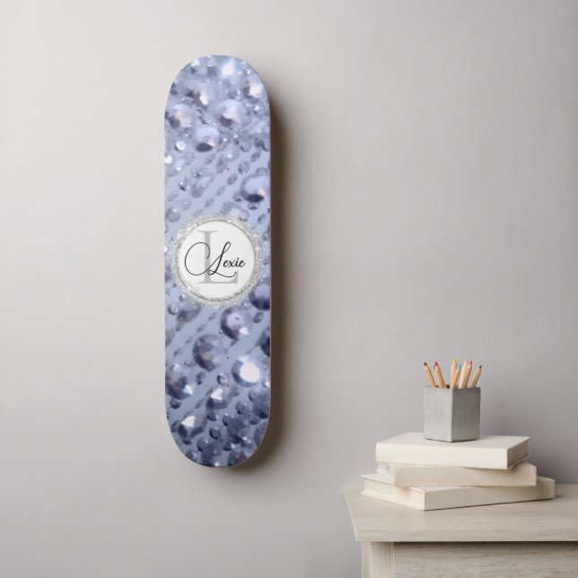 Dazzling Glittery Blue Beads Monogram   Skateboard (Wall Art)