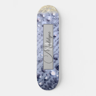 Dazzling Glittery Blue Beads Monogram   Skateboard