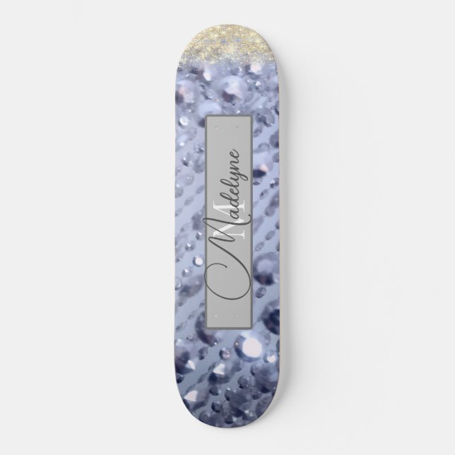 Dazzling Glittery Blue Beads Monogram   Skateboard (Front)