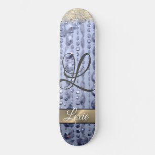 Dazzling Glittery Blue Beads Monogram   Skateboard