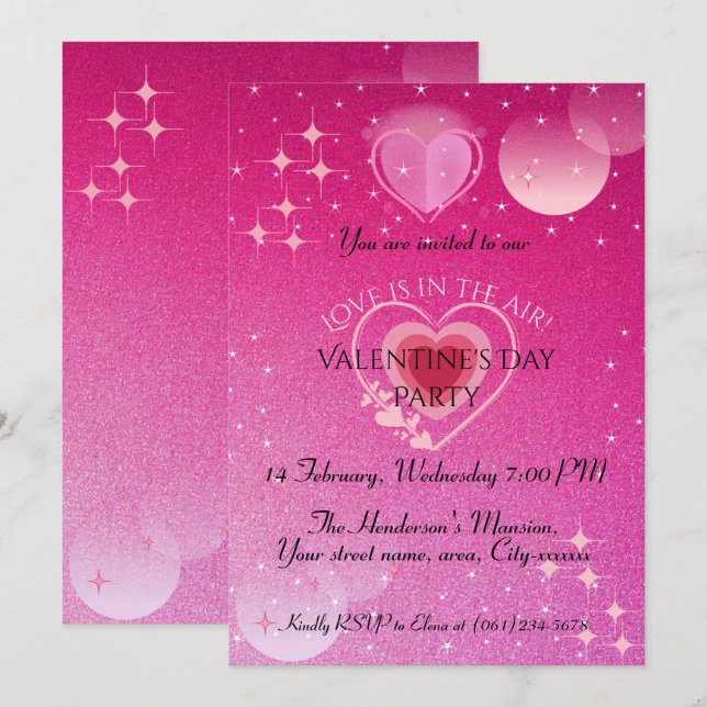 Dazzling Pink Heart Valentine's Day Party Invitation (Front/Back)