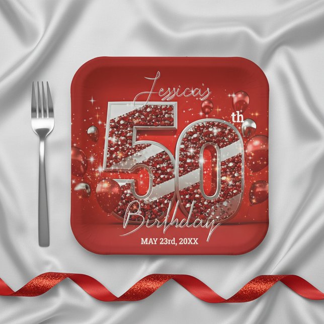 Dazzling Red and Silver Glittery 50th Birthday Paper Plate (Creator Uploaded)