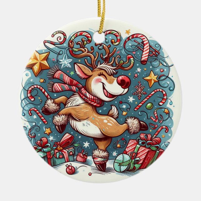 Dazzling Reindeer Dance Christmas Ornament (Front)