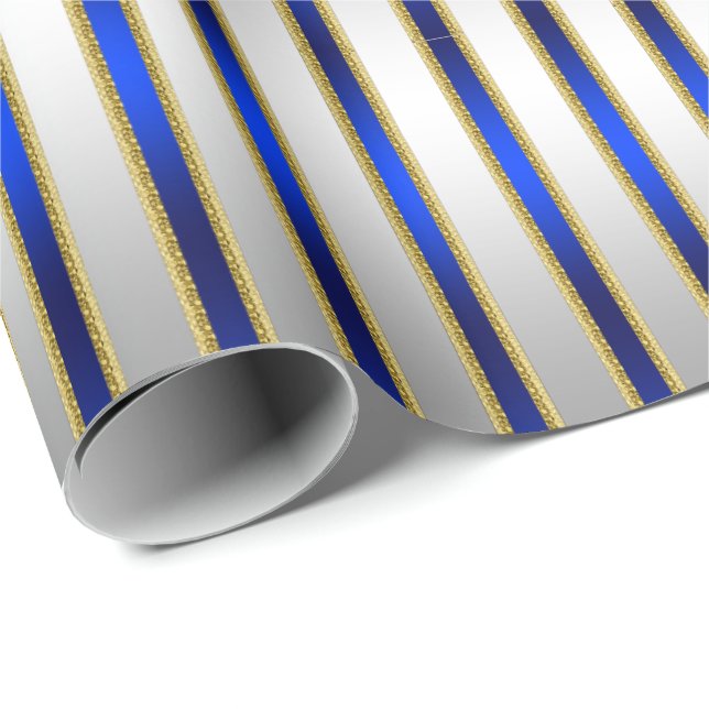 Dazzling Shiny Silver and Royal Blue Stripes Wrapping Paper (Roll Corner)
