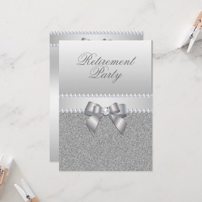 Dazzling Silver Retirement Party Invitation (Front/Back In Situ)