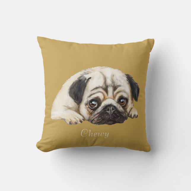 Dbl-sided Pug illustration brown turquoise custom Cushion (Front)