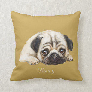Dbl-sided Pug illustration brown turquoise custom Cushion