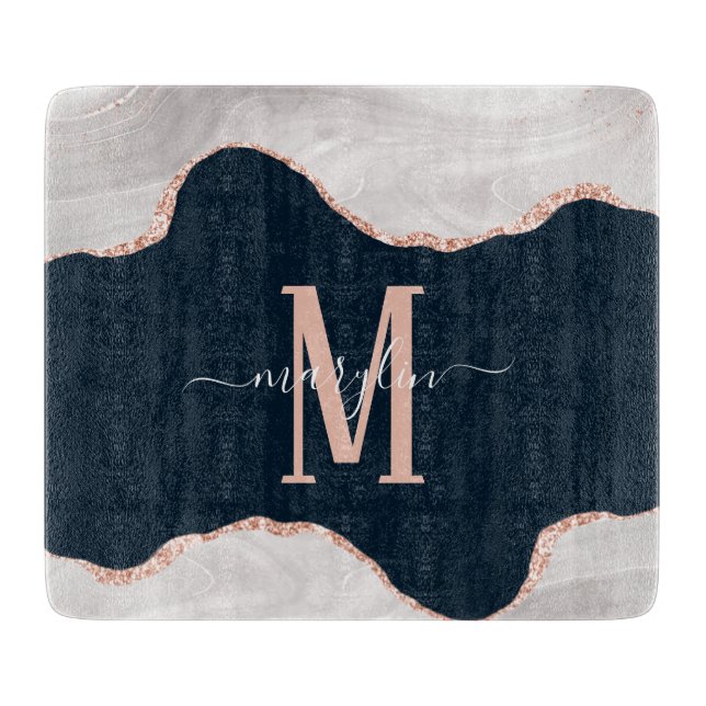 DC WHITE & ROSE GOLD BLACK FOGRA AGATE MONOGRAM  CUTTING BOARD (Front)