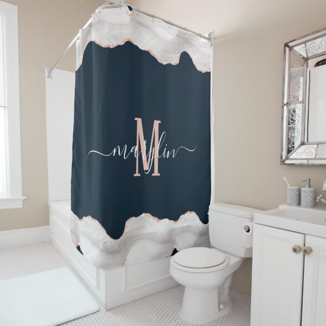 DC WHITE & ROSE GOLD BLACK FOGRA AGATE MONOGRAM SHOWER CURTAIN (In Situ)