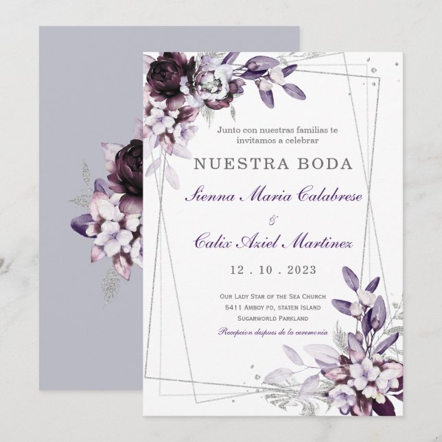 de Boda Púrpura y Lavanda Plateada Invitation (Front/Back)