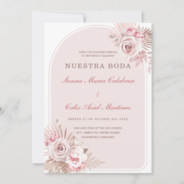 de Boda Romántica en Tono Rosa Pastel con Flores Invitation (Front)