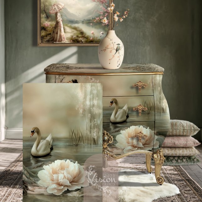 De bonne grâce Swan & Floral lake Tissue Paper (De bonne grâce Romantic Swan Ethereal Lake Fantasy decoupage tissue paper.)
