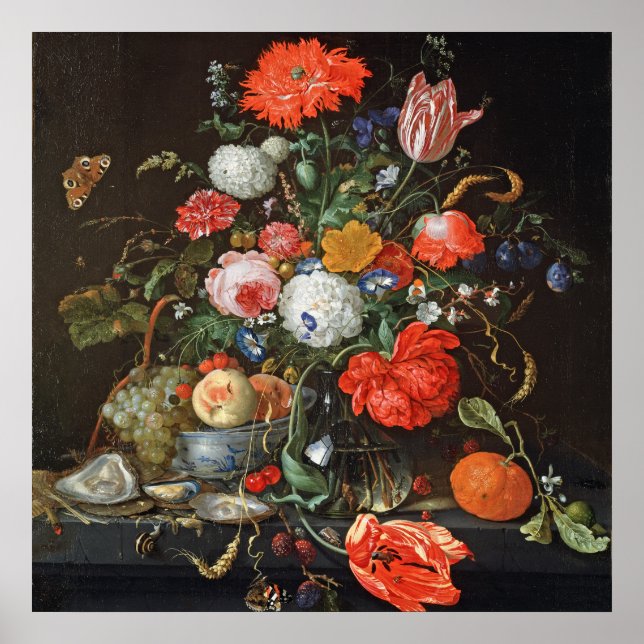 de Heem Flowers Fruit Oysters Painting Poster (Front)