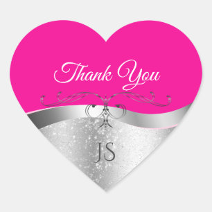 De Luxe Wavy Silver Decor on Hot Pink Thank You Heart Sticker