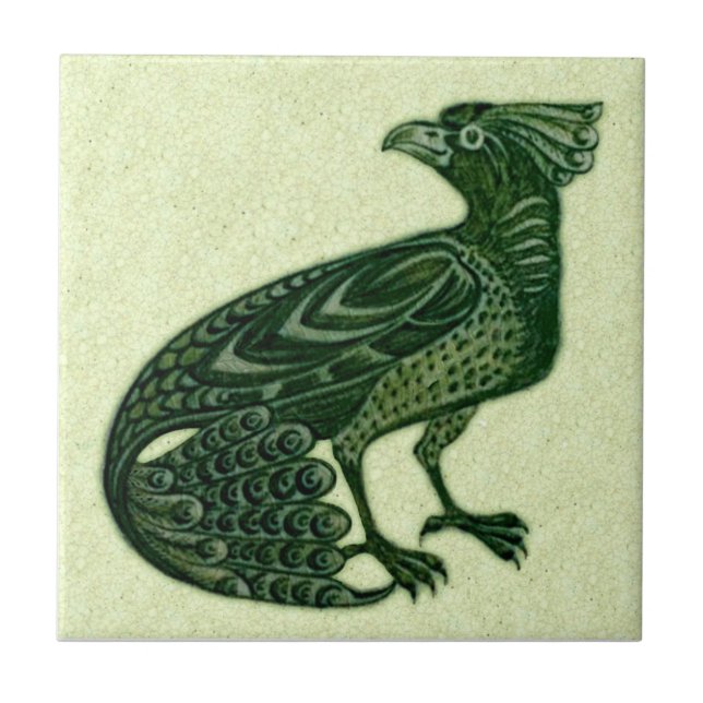 De Morgan Green Peacock (Tail down) Bird Tile (Front)