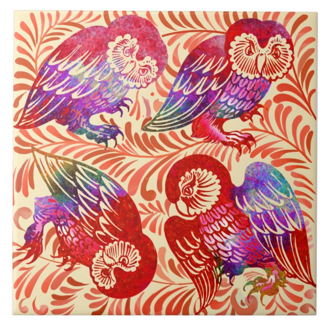 De Morgan Ruby Lustre Owl Quartet Antique Repro Tile (Front)