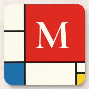De Stijl Inspired Primary Colored Squares Monogram Coaster