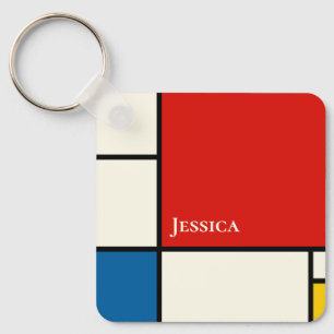 De Stijl Inspired Primary Colored Squares Monogram Key Ring