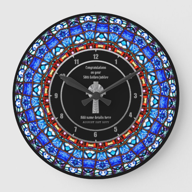 Deacon Minister Ordination Anniversary StainedGlas Large Clock (Front)