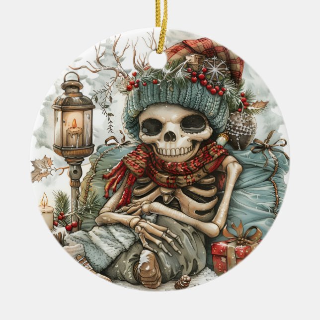 Dead Cosy – Winter Skeleton Vibes” Ceramic Tree Decoration (Front)