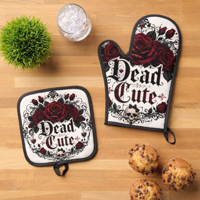 Dead Cute Red Rose Gothic Romance Halloween Oven Mitt & Pot Holder Set (Top Down)