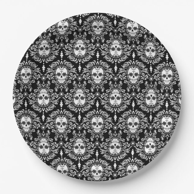 Dead Damask - Chic Sugar Skulls Paper Plate (Front)