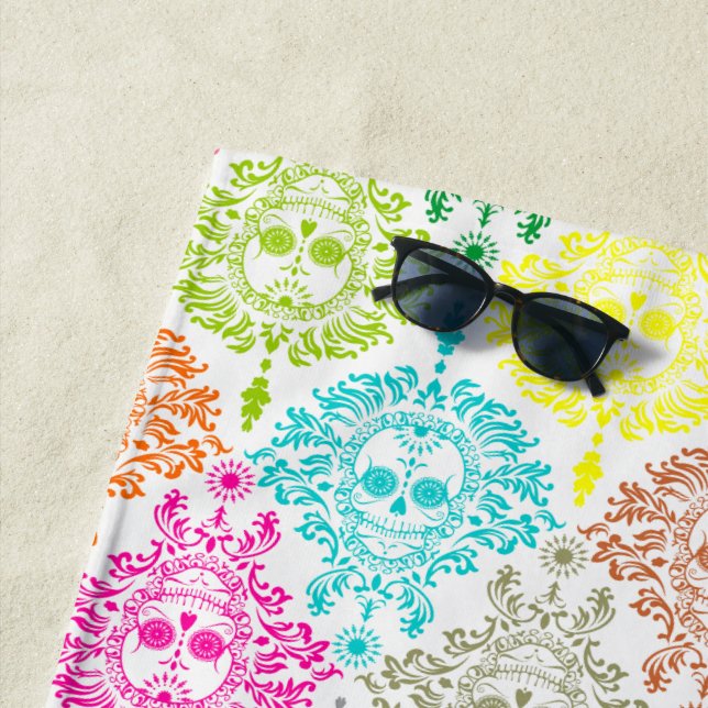 Dead Damask Festive Colours Sugar Skull Pattern Beach Towel (In Situ)