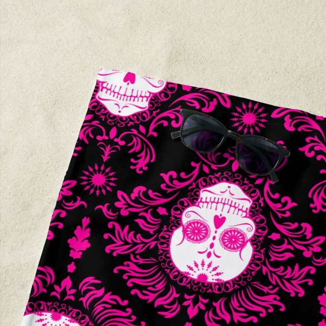 Dead Damask Pink on Black Sugar Skulls Beach Towel (In Situ)
