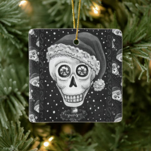 DEAD HEAD SANTA SKULL, CHRISTMAS SKELETON HUMOR CERAMIC ORNAMENT