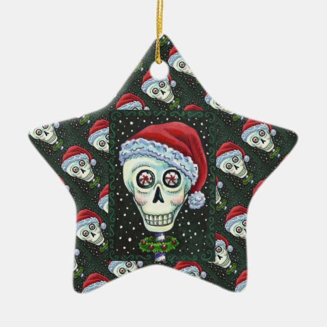 DEAD HEAD SANTA SKULL, CHRISTMAS SKELETON HUMOR CERAMIC TREE DECORATION (Front)