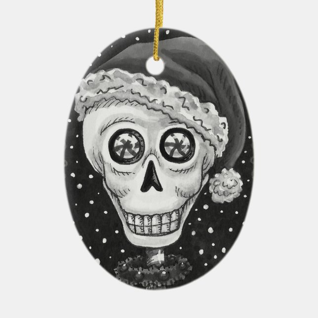 DEAD HEAD SANTA SKULL, CHRISTMAS SKELETON HUMOR CERAMIC TREE DECORATION (Front)